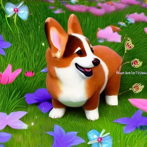 Image similar to a corgi with fairy wings, sparkling petals, fantasy-style, cute, photorealism