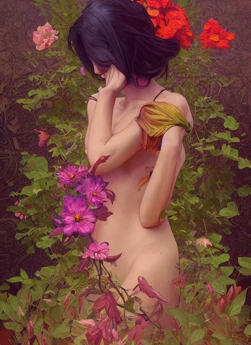 Prompt: isolated flowers with strong dark comic outlines, colorful, psychedelic, intricate, elegant, highly detailed, digital painting, artstation, concept art, smooth, sharp focus, illustration, art by artgerm and greg rutkowski and alphonse mucha