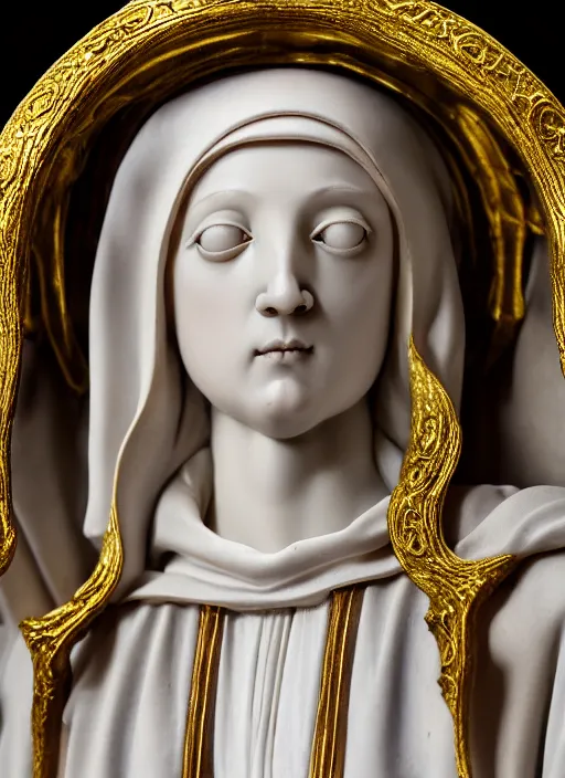 Image similar to a medieval female nun, elegant, filigree renaissance sculpture from gold, marble and fur, brilliant symmetry, created by verrocchio andrea, leonardo da vinci, sandro botticelli, raffaelle monti, epic 7 0 mm lens shot, artstation trending, photorealism, sharp focus, smooth, establishing shot, sense of awe