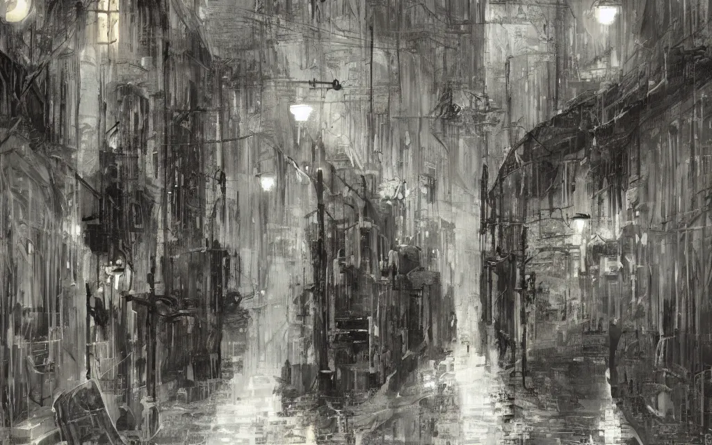 Image similar to concept art, dark wet london alley at night, by ashley wood, by roger deakins, in the style of syd mead atmospheric