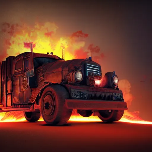 Image similar to A dieselpunk ogre truck with red flames and guns sticking out of it, jet engines with fire and sparks from the back of the trunk in deep space, lush vivid soft colors of sun set, hosing battering ram on front on truck, filigree planets in a stellar nebula, a small Ogre driver , DSLR, HDR, octane render, 3d shading, cgsociety, Horde3d, ambient occlusion, volumetric lighting, ray tracing, 3dexcite, Zbrush, Substance Designer, behance HD, lightWave 3d, Ureal Engine , Monet painting by Kait Kybar