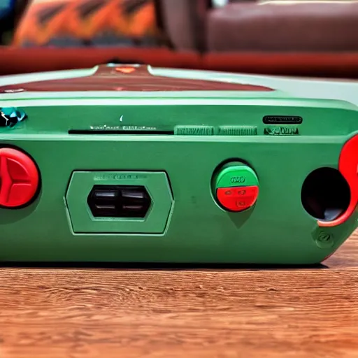 Prompt: a nintendo 64 console with a rayquaza theme, 4k photography