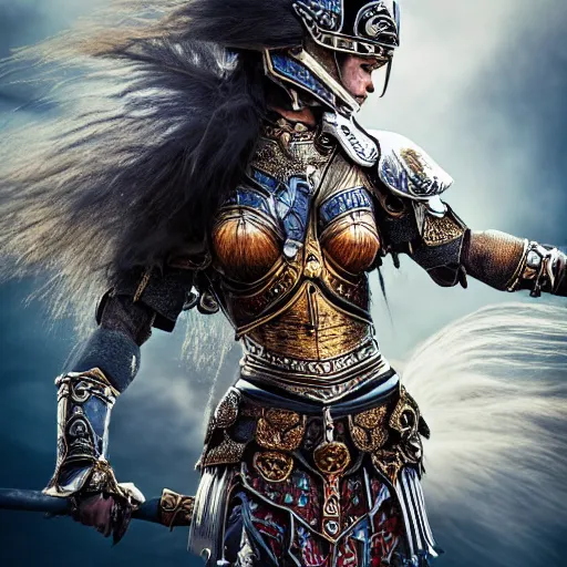 Image similar to beautiful princess warrior with ornate armour, highly detailed, 4k, HDR, smooth, sharp focus, hyper realistic, high resolution, award-winning photo