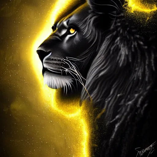 Image similar to epic photography of black lion with gold lightnings in the fur surrounded by ancient trees, colossal scale, photorealistic, high details, intricate by Evgeniy Antonenkov