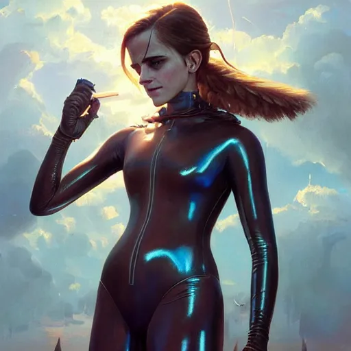 Image similar to highly detailed painting of emma watson wearing a latex suit, stephen bliss, 8 k, by greg rutkowski, loish, rhads, artgerm, ferdinand knab, makoto shinkai and lois van baarle, ilya kuvshinov, rossdraws, global illumination, radiant light, detailed and intricate environment