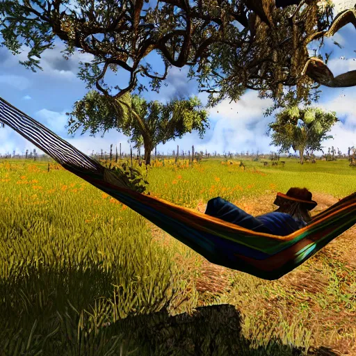 Prompt: Dutch from Red Dead Redemption 2 sleeping in a hammock, a field of mango trees in the background