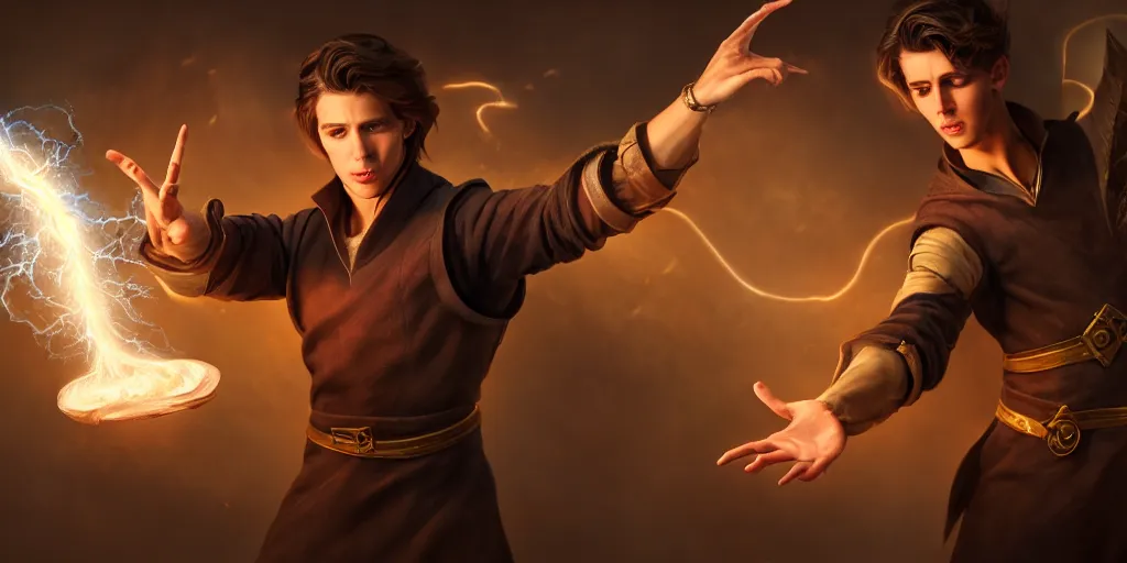 Image similar to action packed scene of a handsome young caucasian male sorcerer with brown hair he is casting a spell that is emanating from his hands he is in a alchemist lab, action pose, medium shot, waist up, digital art, photoreal, 4 k, unreal engine