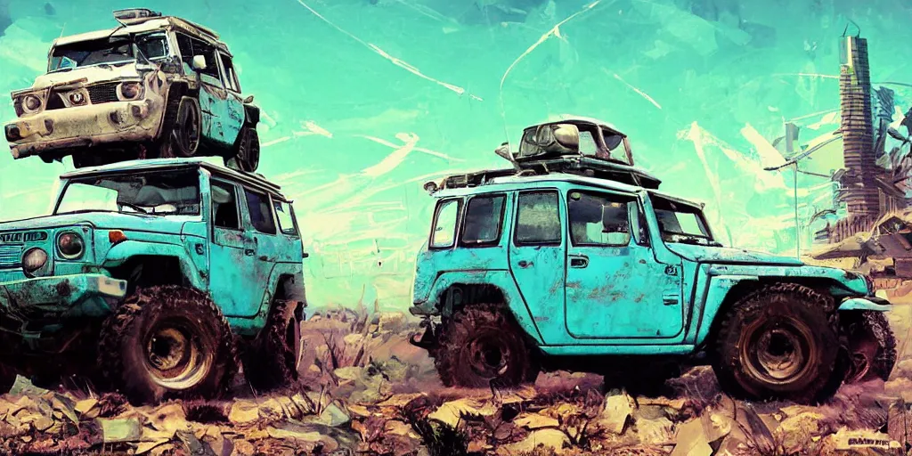 Image similar to digital illustration of a futuristic faded cyan mad max's fj 4 0 decrepit!!!! pursuit special, rusty!!! cyberpunk nissan fj cruiser heavily modded 1 9 9 0 s, the last v 8 interceptor by makoto shinkai, ilya kuvshinov, lois van baarle, rossdraws, basquiat