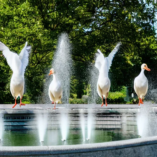 Image similar to a group of geese by a park fountain, 50mm Sigma lens, shot on a Sony A7siii