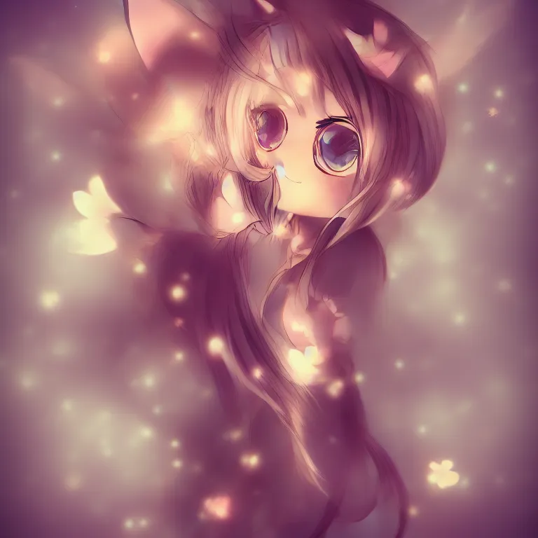 Image similar to cute, full body, female, anime style, a cat girl with fairy wings, large eyes, beautiful lighting, sharp focus, simple background, creative, heart effects, filters applied, illustration