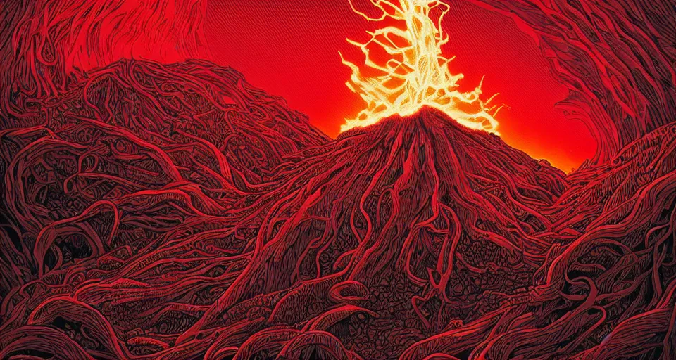 Image similar to a volcano made of ivory vines and crimson rocks enters in eruption, it spits a smoke in the shape of demonic eye, by dan Mumford