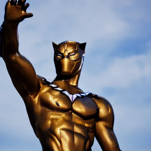 Image similar to a close up photo of a detailed golden statue of Black Panther, 8K,