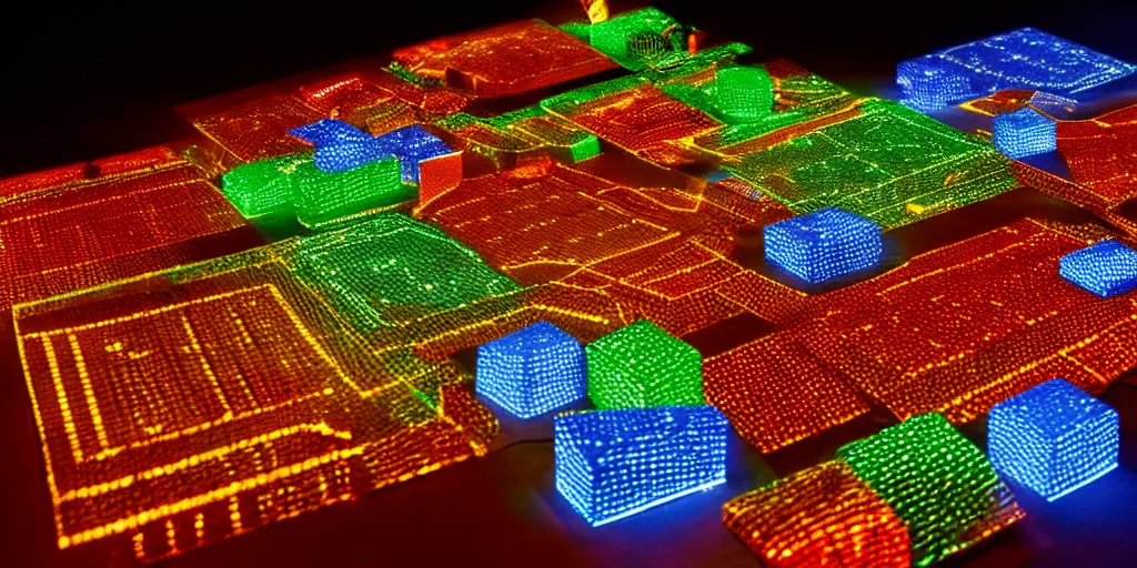 Prompt: 9-track machines made of digital grids and glowing stones with embedded LEDs. amber glowing screens.