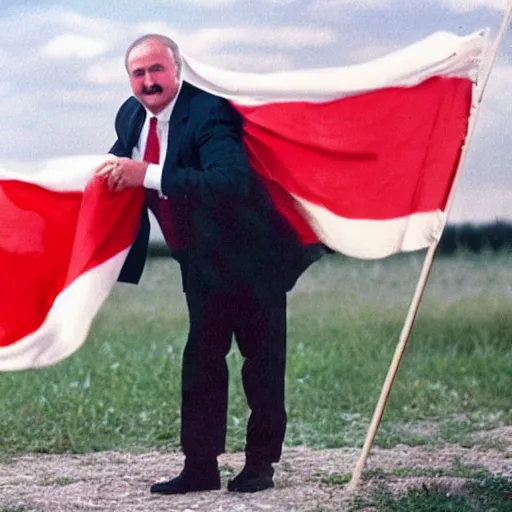 Prompt: Lukashenko happily hugging a white-red-white flag, film still, high detail