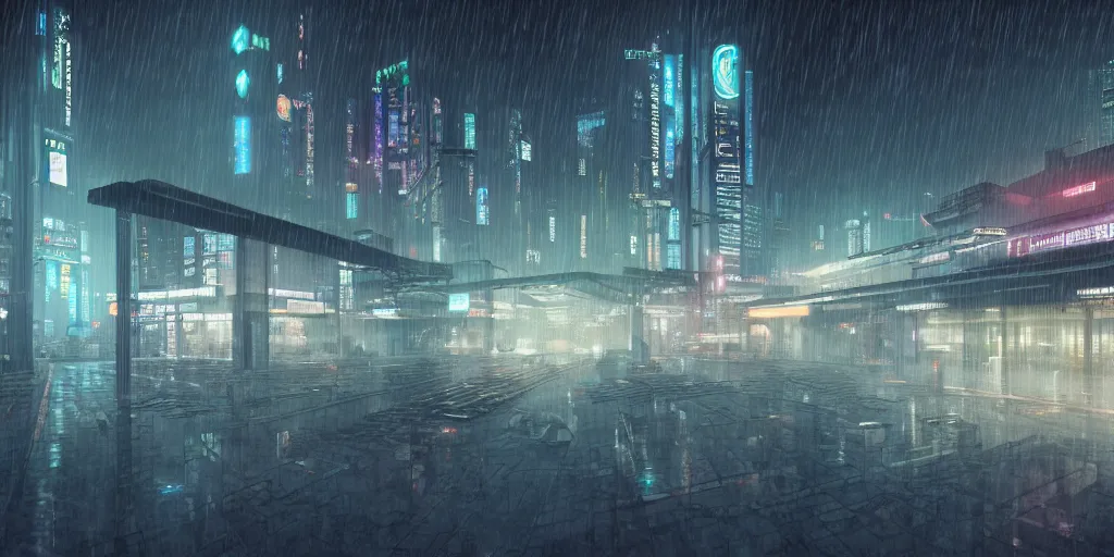 Image similar to equirectangular projection grid of a futuristic bladerunner cyberpunk trainstation in the rain at night, volumetric lighting 4K Spherical Panorama RealityEngine PhotoRender hyperdetailed cinematic