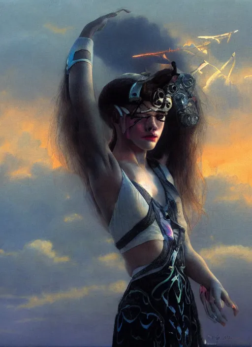 Image similar to symmetry!! closeup! of a pirate girl, cyborg ballerina, in clouds, cinematic light, windy, sunrise, by gerald brom, by mikhail vrubel, by peter elson, muted colors, extreme detail, trending on artstation, 8 k