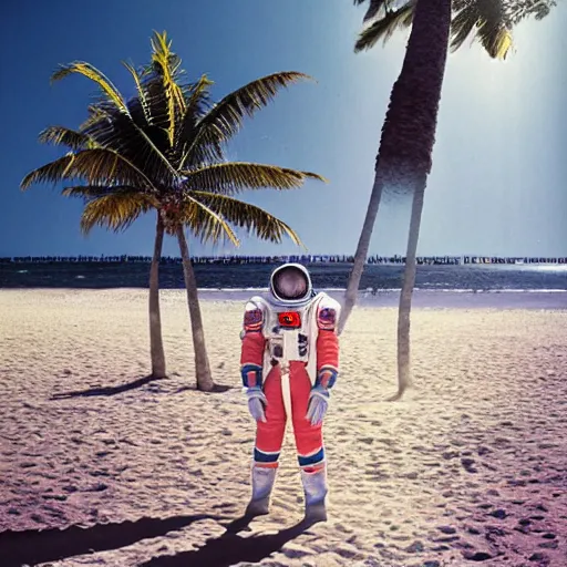 Prompt: a beautiful photo of an astronaut on the beach under a palm tree, summer sun, 1 9 7 0, soft light, morning light, photorealistic, realistic, octane, 8 k, cinematic shot