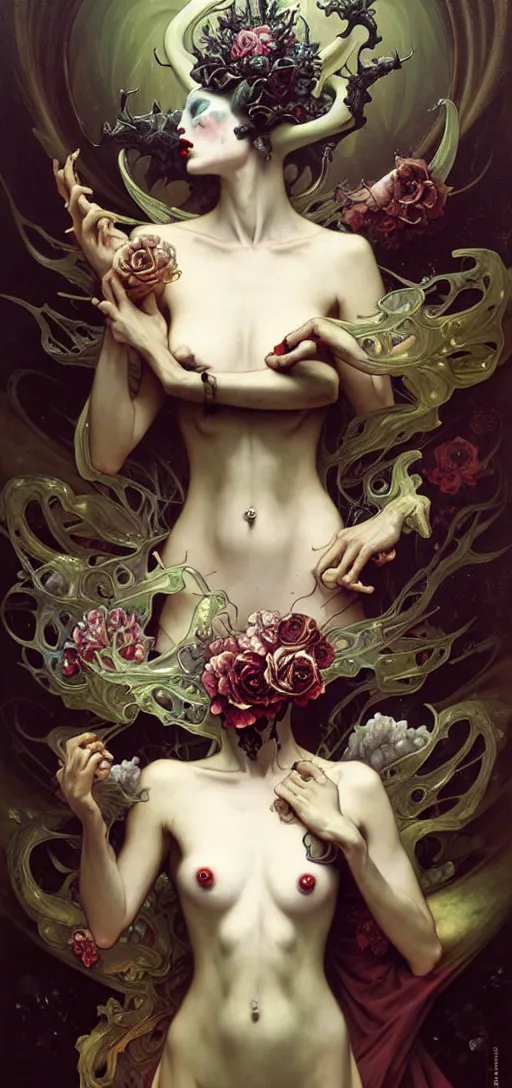 Image similar to baroque oil painting of full body vampire princess portrait, by nekro, peter mohrbacher, alphonse mucha, brian froud, yoshitaka amano, kim keever, victo ngai, james jean