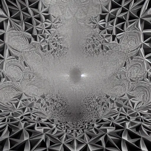 Prompt: a hyperrealistic 3 d render of a sprawling mandelbrot fractal cathedral interior populated by mandelbrot fractals, unreal engine, carved ivory, carved soap, white color scheme, physically based render, volumetric lighting, octane render, glowing, carved marble, opalescent, sacred geometry, catholicpunk, stark, 8 k, ultra detailed