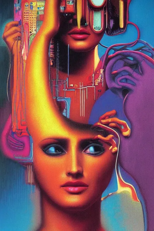 Image similar to 8 0 s art deco close up portait of miss of the world, rain like a dream oil painting curvalinear clothing cinematic dramatic cyberpunk textural fluid lines otherworldly vaporwave interesting details fantasy lut epic composition by basquiat zdzisław beksinski james jean artgerm rutkowski moebius francis bacon gustav klimt