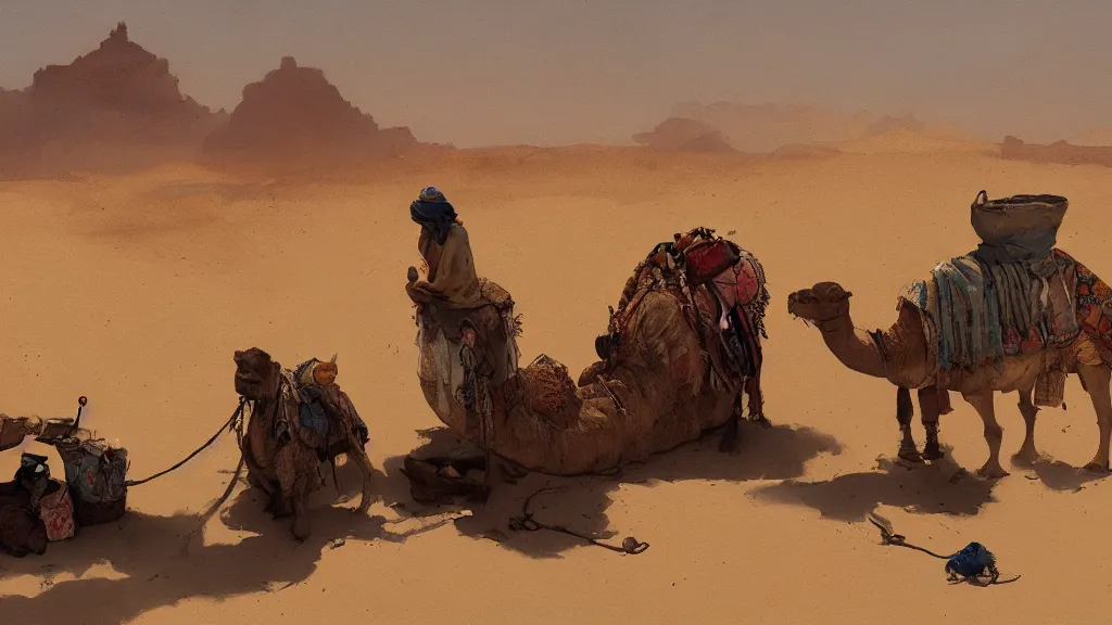 Image similar to desert landscape with arabian merchant with colored bags feeding a camel, rule of thirds, watercolored, jakub rozalski, dark colours, dieselpunk, artstation