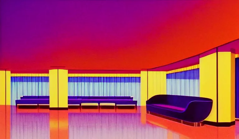 Image similar to a beautiful, sharp focus, clean lines. the interior of a vast 1 9 7 0 s luxury disco hotel lobby. vaporwave ombre rendering. outrun style. trending on artstation. recommended for you behance. wes anderson colors. by chris moore. by edward hopper. ambient occlusion. digital matte painting. metropolis filmic. gotham city.