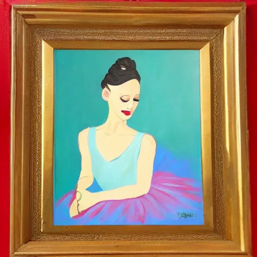 Prompt: painting of a ballerina in a teal room holding wine, red background
