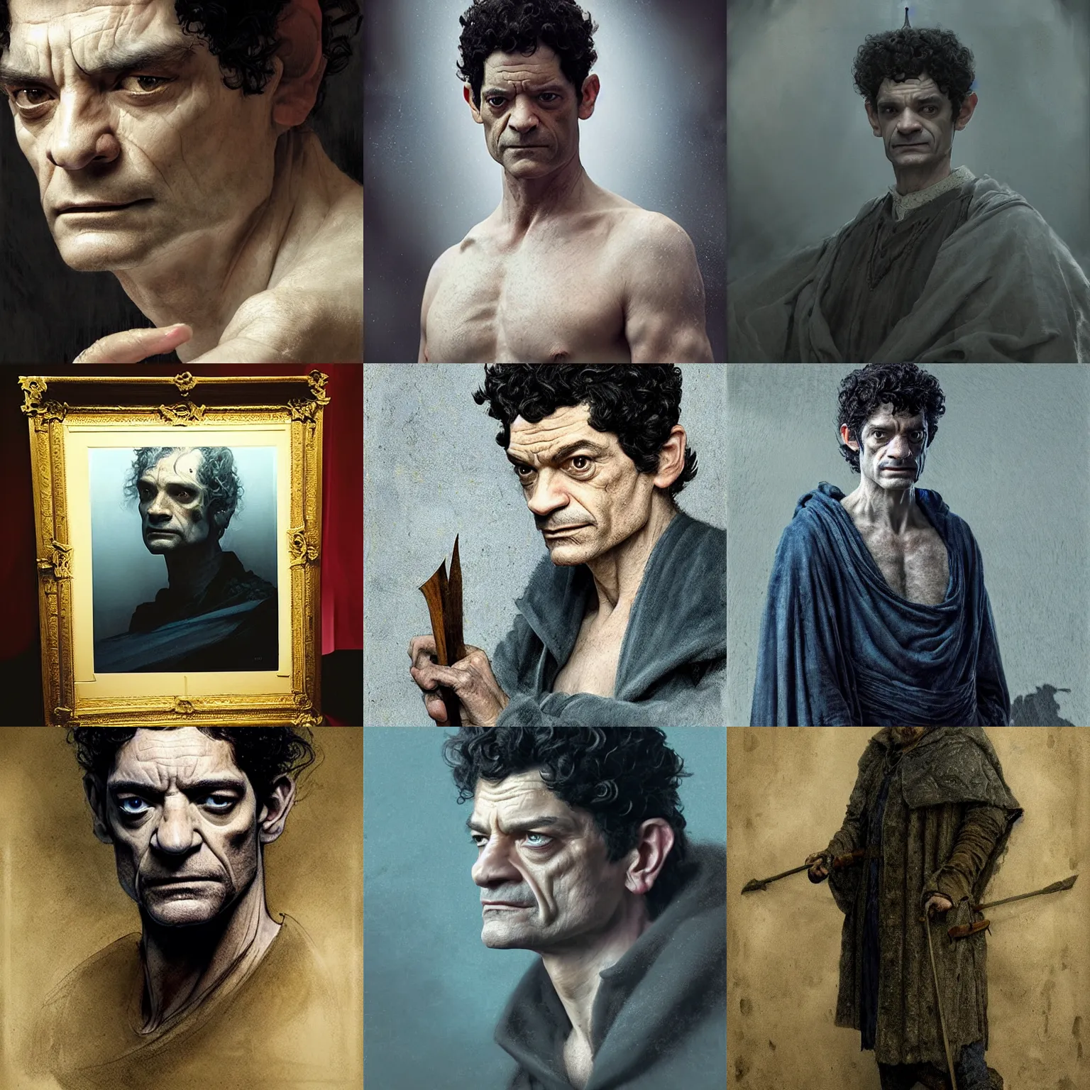 Prompt: James Frain as an enigmatic, melancholic, hunchbacked king from the 14th century, hyperrealist, detailed, dramatic lighting, blue tones, shadows, digital art by Artur Mósca, Greg Rutkowski and Goya