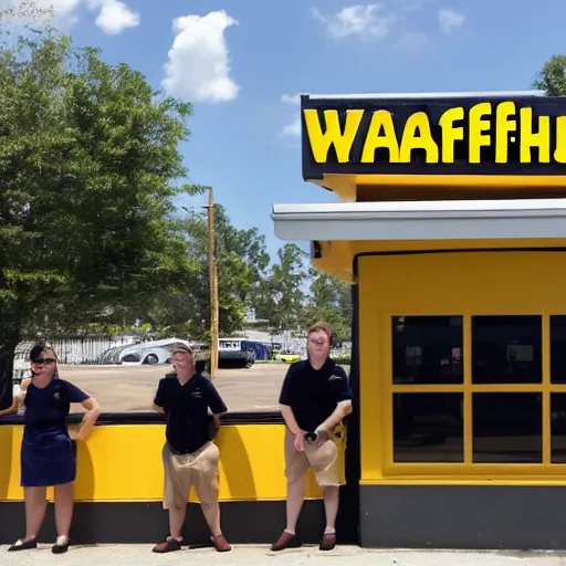 Image similar to wafflehouse employee's standing below wafflehouse sign, employees uniform is black and blue with yellow name tags-n 9