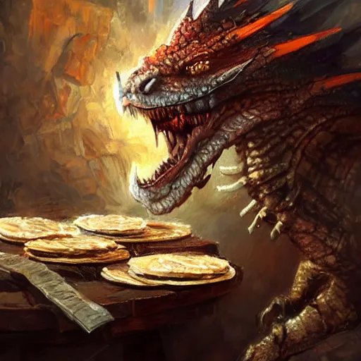 Image similar to a small fierce dragon on a tavern table hoarding a plate of cookies, fantasy, sharp detail, trending on artstation, digital painting by ralph horsley and greg rutkowski