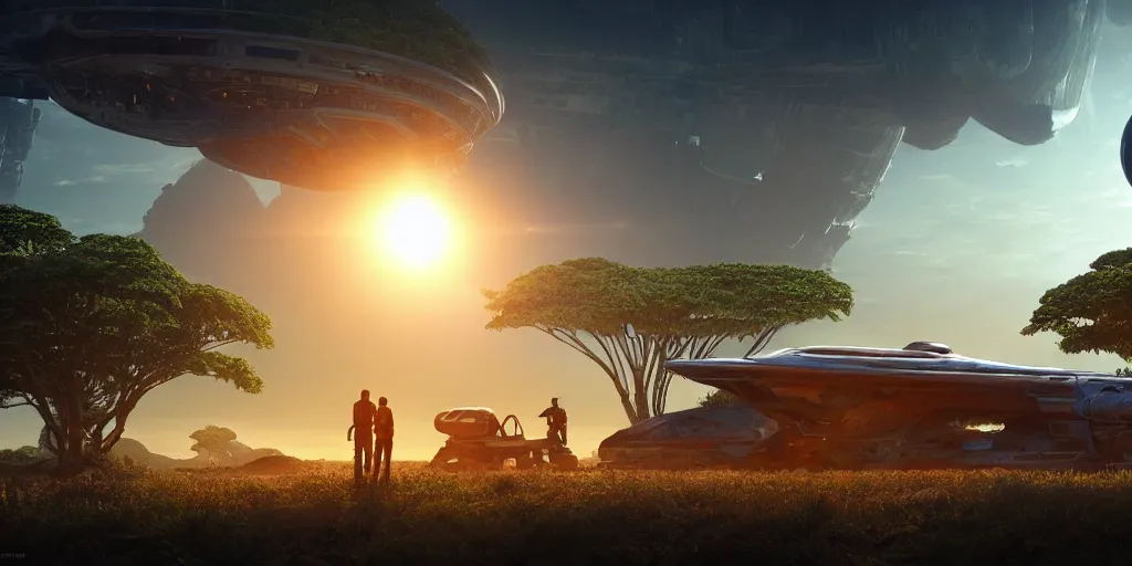 Prompt: a huge futuristic rusty old alien spaceship, next to it a smaller exploration vehicle on a landing pad, surrounded by a lush alien jungle, in the foreground two explorers are arguing next to tiny animals!!, (the animals are walking around), sunset, volumetric light, hyperdetailed, artstation, cgsociety, 8k