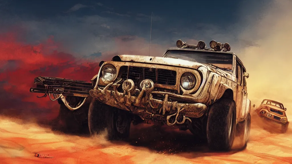 Image similar to digital illustration of mad max's fj 4 0 pursuit special riding fury road eternal shiny and chrome, world of fire and blood, the last v 8 interceptor driving down to the gates of valhalla highway, by makoto shinkai, ilya kuvshinov, lois van baarle, rossdraws, basquiat, global illumination ray tracing hdr