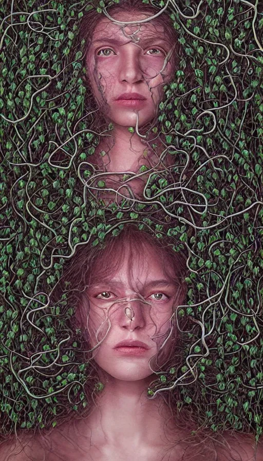 Image similar to very detailed portrait of a 2 0 years old girl surrounded by tentacles, the youg woman visage is blooming from fractal and vines, by gottfried helnwein