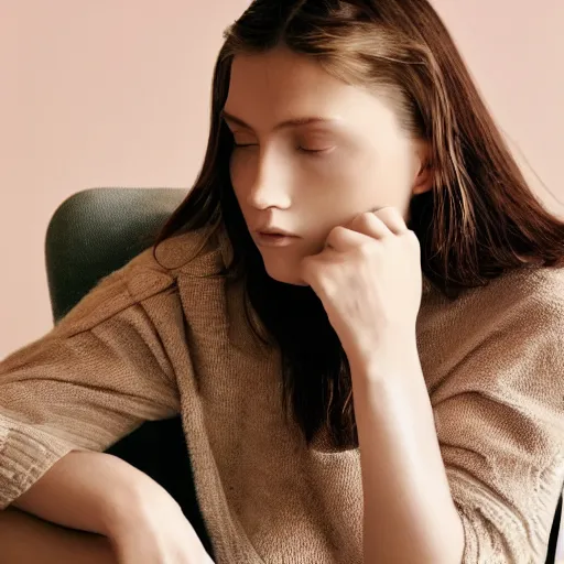 Image similar to close up of face of female fashion model sitting on chair, beige colors, official jil sander editorial