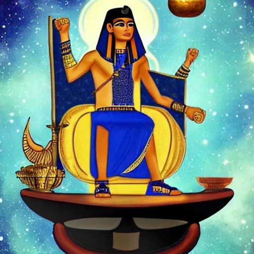 Prompt: handsome egyptian prince sitting on a floating throne, guided by thoth, in outer space, galaxies