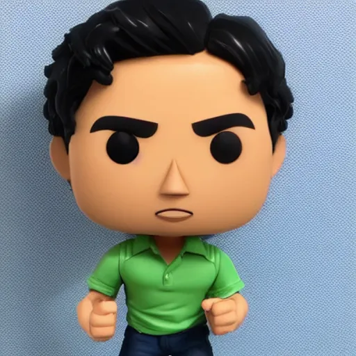 Image similar to a 30 year old skinny Latino programmer guy, with and thick straight brush up black hair on top, short on sides, in a dark green polo shirt, blue jeans and grey sneakers funko pop close up highly detailed photo