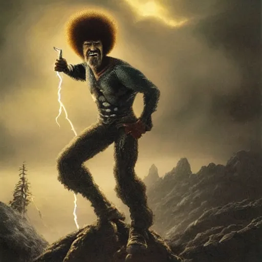 Prompt: bob ross dressed as a superhero, standing on rocky ground, angry expression, detailed face, lightning behind, dark background, action pose, holding a paintbrush, ultra - detailed, ultra - detailed, intricate, detailed shadows and textures, 8 k, action pose, art by beksinski