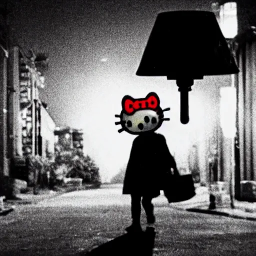 Image similar to film still of a bloodied psycho killer with a hello kitty mask walking on an empty street beneath a lamp, grainy, horror movie, creepy, eerie, dark, great cinematography, amazing lighting, directed by scott derrickson