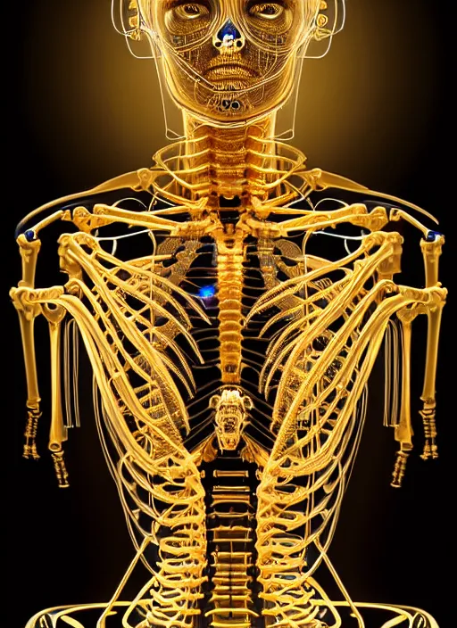 Image similar to full body illustration of a futuristic female golden mechanical skeleton with human face, wires, glowing internal light, hyperdetailed, by alex grey, intricate linework, faberge, intricate gold linework, dark atmosphere, unreal engine 5 highly rendered, global illumination, radiant light, detailed and intricate environment