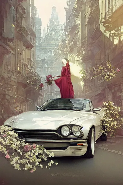 Image similar to ultra realistic illustration, old white vintage car in the city with flowers blooming out the window, elegant, highly detailed, digital painting, concept art, smooth, sharp focus, illustration, art by greg rutkowski and alphonse mucha