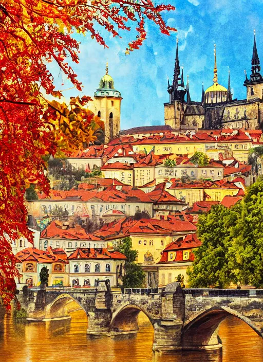 Image similar to painting of beautiful shot of Royal medieval European city like Prague mixed with Istanbul like Islamic architecture with greenery all around , autumn colors