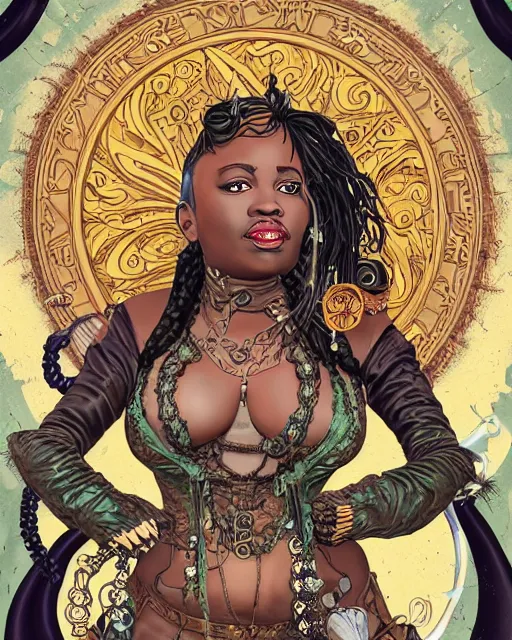 Image similar to a detailed portrait illustration of a steampunk sorceress - laywer. beautiful obese black female face, very dark skin. art nouveau, pop art, comic book style. influenced by neil gaiman, h. p. lovecraft, dan mumford, brian froud, kehinde wiley, killian eng, ross tran.