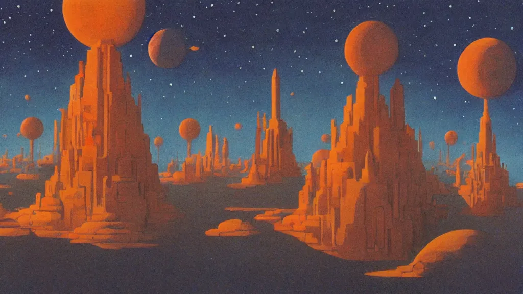 Image similar to artwork in the style of chesley bonestell and in the style of shaun tan.