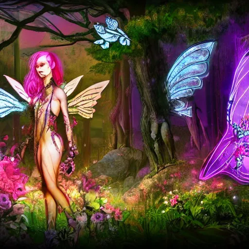 Prompt: cyberpunk fairy princess clothing store in a woodland grove, neon wings beautiful colorful pretty artistic 4 k artstation trending dramatic lighting realistic floral garden blooming flowers