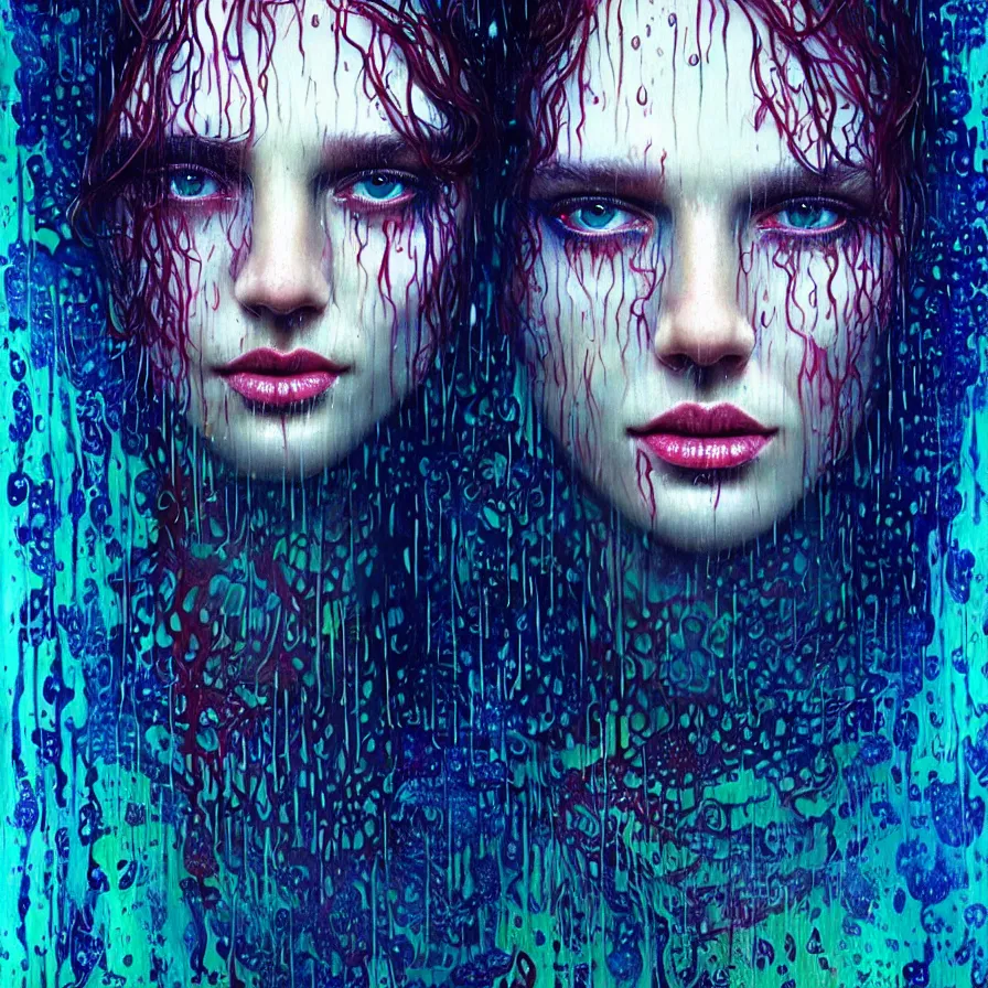 Image similar to bright asthetic portrait of LSD in rain with wet hair and one face, liquid, fantasy, intricate, elegant, dramatic lighting, highly detailed, lifelike, photorealistic, digital painting, artstation, illustration, concept art, smooth, sharp focus, art by John Collier and Albert Aublet and Krenz Cushart and Artem Demura and Alphonse Mucha