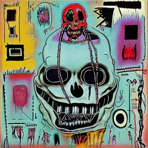 Image similar to album art designed by Giger and Basquiat for a colorful dark wave band.