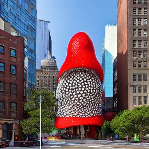 Image similar to a building shaped like an amanita muscaria in the New York skyline