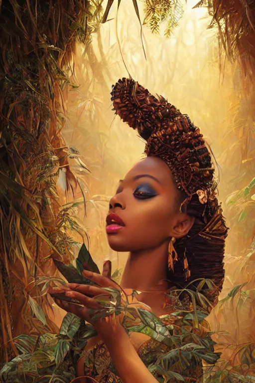 Image similar to stunningly beautiful, nubian geisha prima ballerina in jungle, symmetrical face, golden hour, smooth, focus, highly detailed, hyper realistic, dramatic lighting, elegant, intricate, concept art, art by wlop, mars ravelo, greg rutowski, artstation