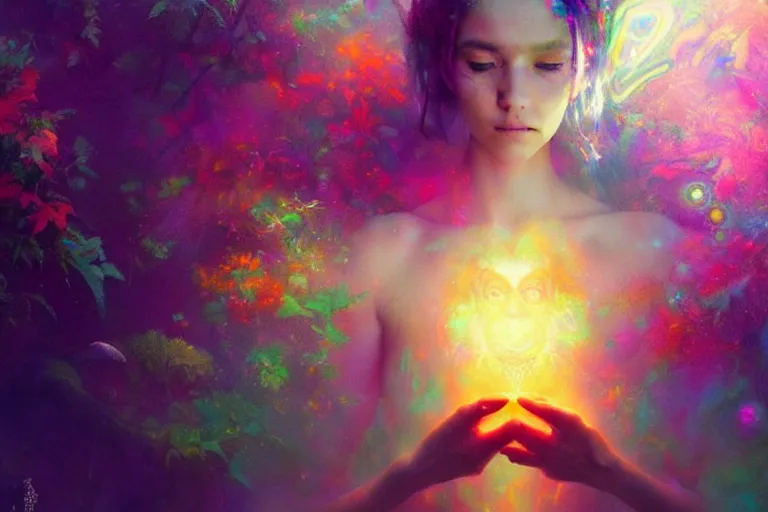 Image similar to a psychedelic realm hidden away in a pocket of ethereal understanding | astral beings sharing love greg rutkowski wlop lisa frank bob ross | ruan jia | illustration