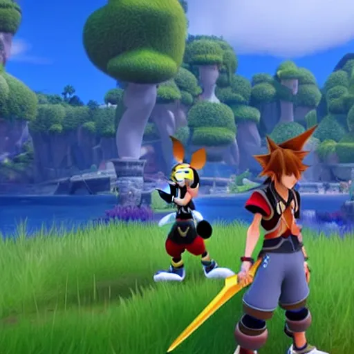 Prompt: A leaked image of a Warrior cats world in Kingdom Hearts 4, Kingdom hearts worlds, Sora donald and Goofy exploring the world of Warrior cats, action rpg Video game, Sora wielding a keyblade, Disney inspired, cartoony shaders, rtx on